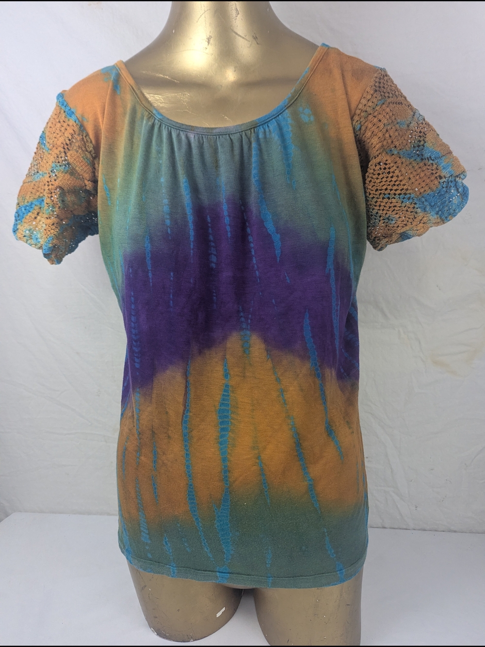 Tie-Dye Crochet Sleeve Women’s Top - Purple, Teal & Tan M/L